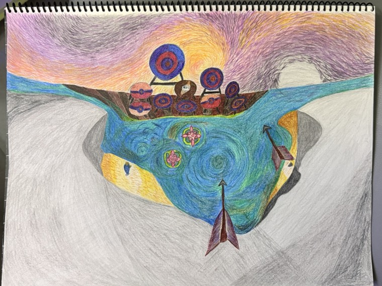 手繪彩色鉛筆作品：日落海面上的船與漩渦 — Coloured-pencil drawing of a vessel at sunset above a whirlpool